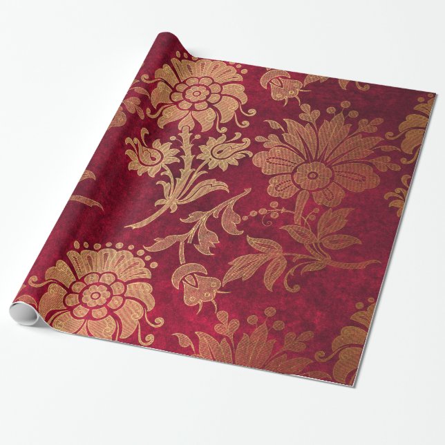 Papier Cadeau Elégant or rouge rouge damassé motif floral (Déroulé)