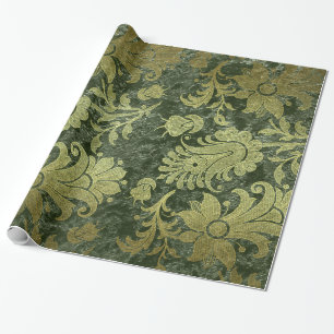 Papier Cadeau Élégant or vert royal damask motif floral