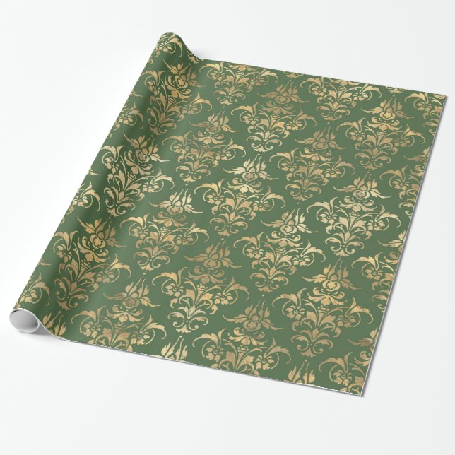 Papier Cadeau Élégant or vert royal damask motif floral (Déroulé)