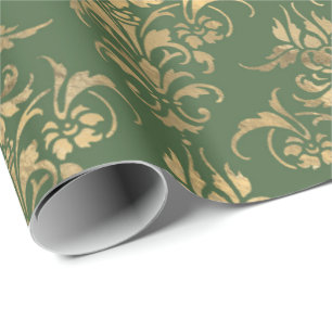 Papier Cadeau Élégant or vert royal damask motif floral