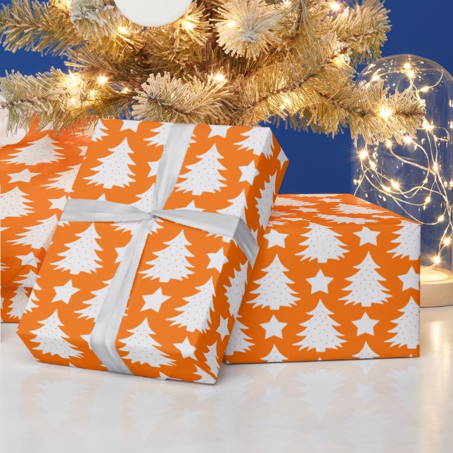 Papier Cadeau Elégant Orange Blanc Noël Arbre Motif Cadeau (Vacances)