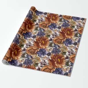 Papier Cadeau Élégant orange brûlé bleu marine automne floral 