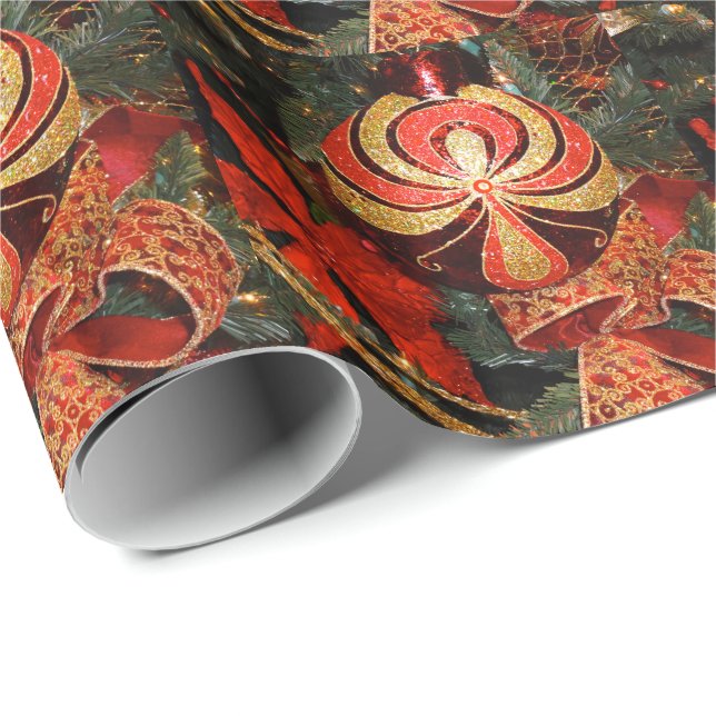 Papier Cadeau Élégant ornement de Noël Rouge Or Poinsettia (Coin rond)