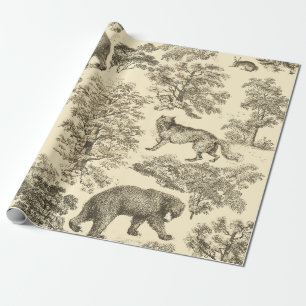 Papier Cadeau Elégant Ours Vintage Arbres Beige Toile sans joint