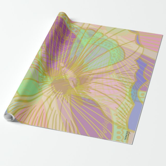 Papier Cadeau Élégant papillon or rose violet (Déroulé)