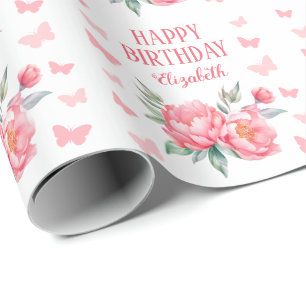 Papier Cadeau Elégant Papillon rose Peony Botanique Anniversaire