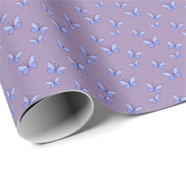 Papier Cadeau Élégant Papillons Bleus sur Violet (Coin rond)