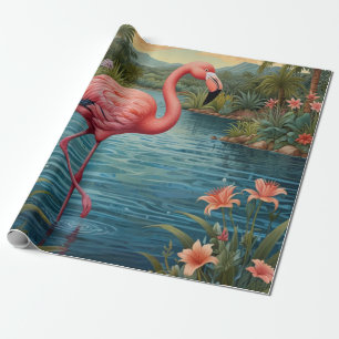 Papier Cadeau Élégant paradis tropical flamand rose
