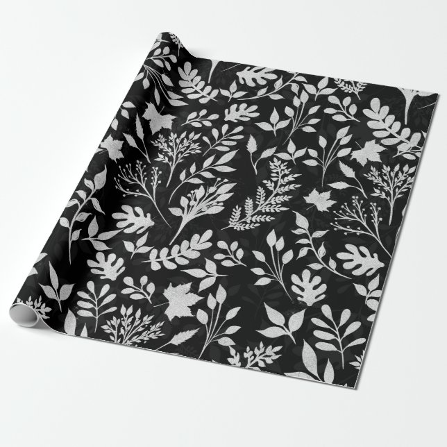 Papier Cadeau Elégant Parties scintillant Argent Foliage Black D (Déroulé)