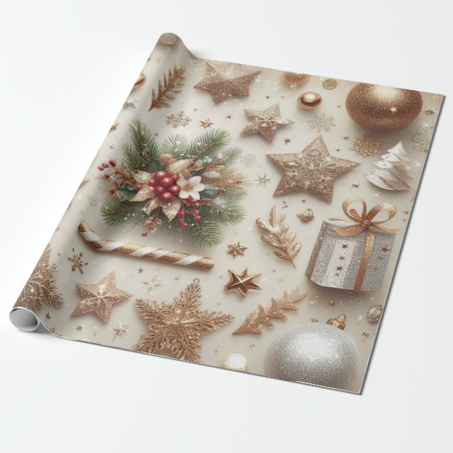 Papier Cadeau Élégant Parties scintillant or éléments de Noël (Déroulé)