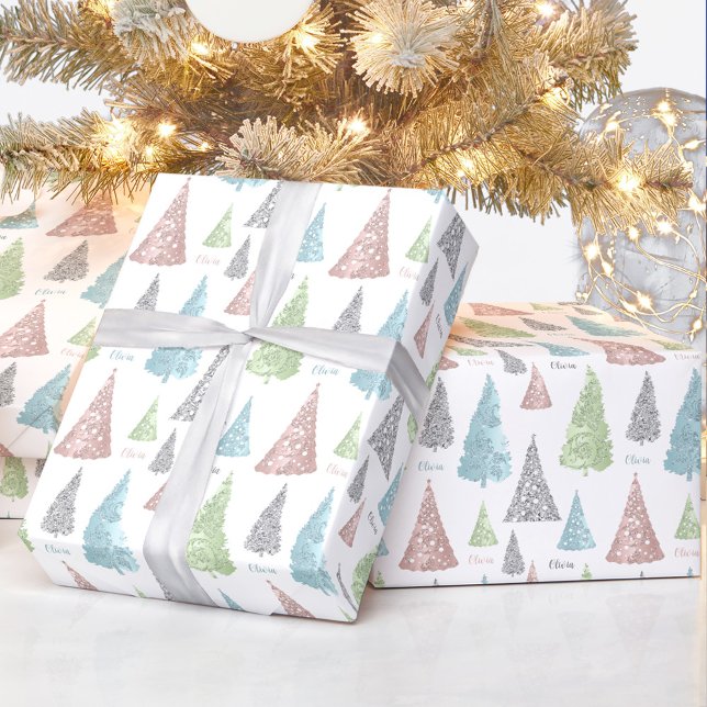 Papier Cadeau Élégant Pastel Nom de l'arbre de Noël (Elegant Pastel Christmas Tree Name Wrapping Paper)