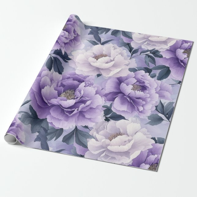 Papier Cadeau Elégant Pastel Purple Peony Design Floral (Déroulé)