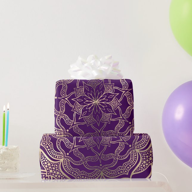 Papier Cadeau Élégant Purple Et Or Mandala Dark Boho Floral (Cadeaux de fête)