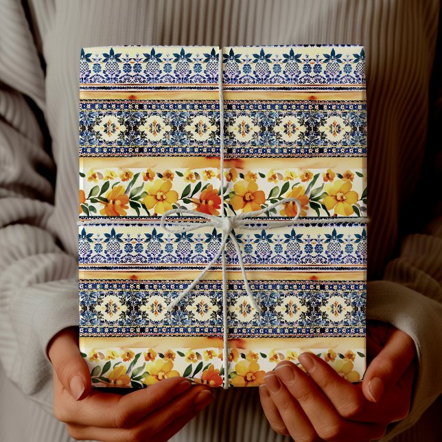 Papier Cadeau Élégant rayures bleu floral jaune (Créateur téléchargé)