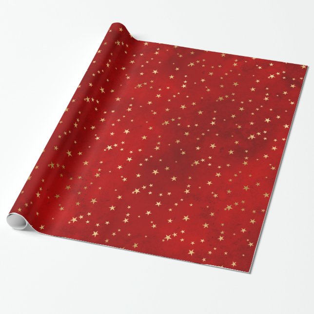 Papier Cadeau Élégant Red Gold Stars Noël (Déroulé)