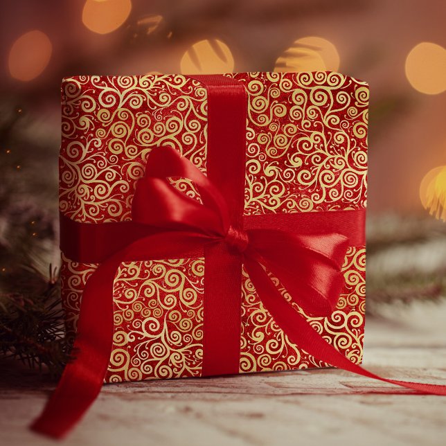 Papier Cadeau Élégant Red & Gold Swirls Motif Boho Noël (Créateur téléchargé)