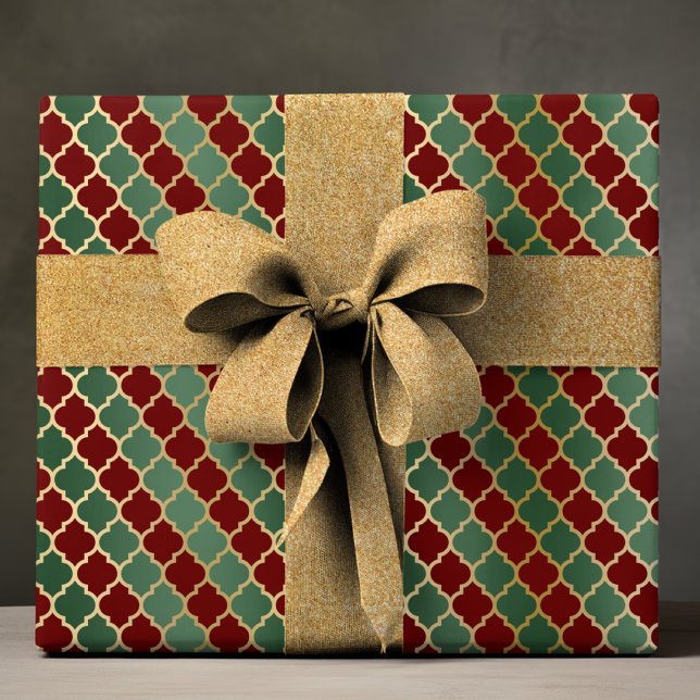 Papier Cadeau Elégant Red Green Gold Luxury Quatrefoil Motif (Créateur téléchargé)