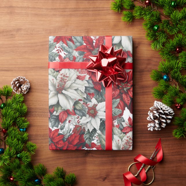 Papier Cadeau Elegant Red & White Poinsettia Christmas Floral (Cadeau de vacances)