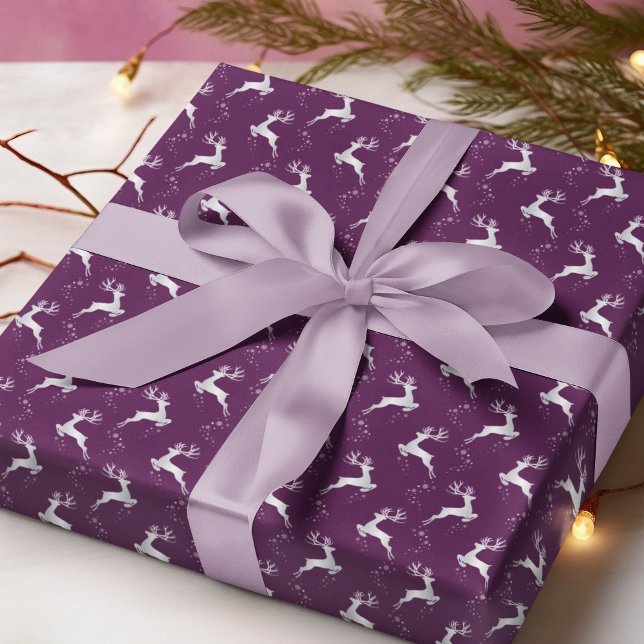 Papier Cadeau Élégant renne d'argent violet Noël (Créateur téléchargé)