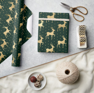 Papier Cadeau Élégant Renne de Noël en feuille d'or et vert