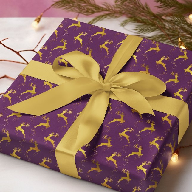 Papier Cadeau Élégant renne d'or violet Noël (Créateur téléchargé)