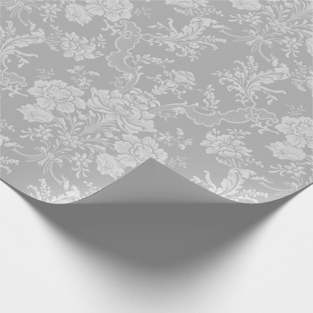Papier Cadeau Élégant Romantique Chic Floral Damask-Grey (Coin)