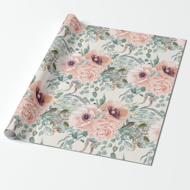 Papier Cadeau Elégant rose Aquarelle Floral Sage Vert Feuilles (Déroulé)