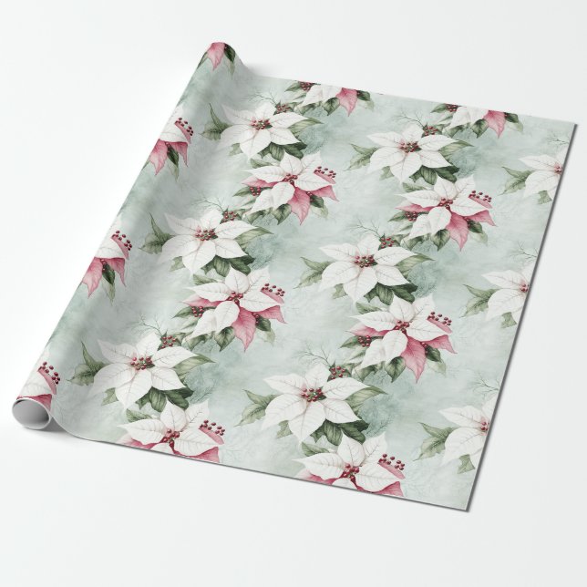 Papier Cadeau Élégant rose blanche Poinsettias Noël (Déroulé)
