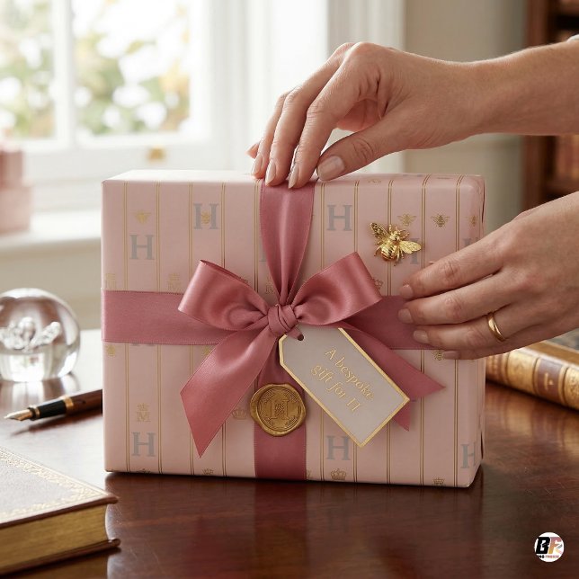 Papier Cadeau Élégant rose blush et or à rayures fines initiale  (Créateur téléchargé)