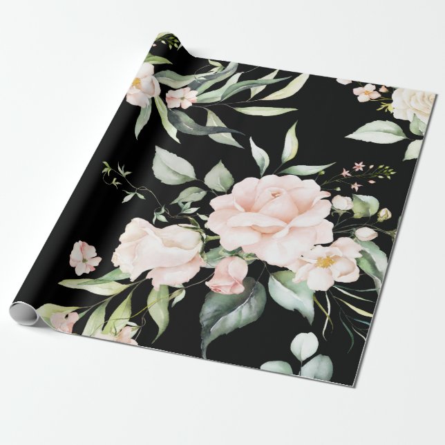 Papier Cadeau Elégant rose clair Eucalyptus Vert Noir (Déroulé)