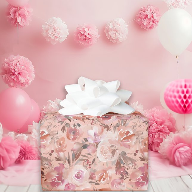 Papier Cadeau Elégant Rose Floral Aquarelle Motif rose pâle (Créateur téléchargé)