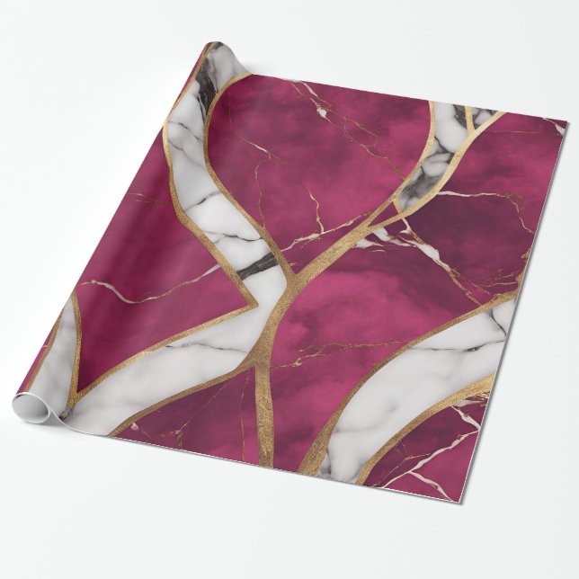Papier Cadeau Elégant rose moderne, or, Marbre blanc luxe (Déroulé)