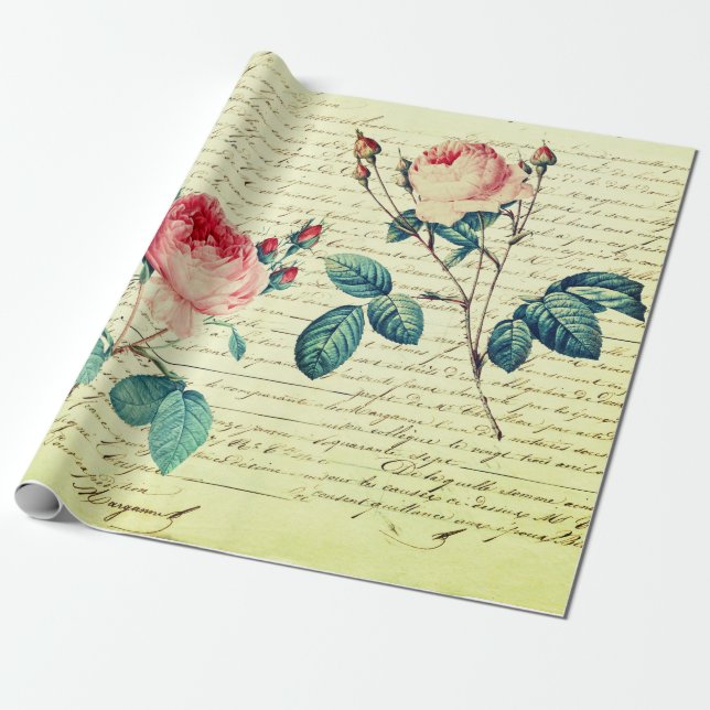 Papier Cadeau Élégant Rose Vintage sur écriture manuscrite (Déroulé)