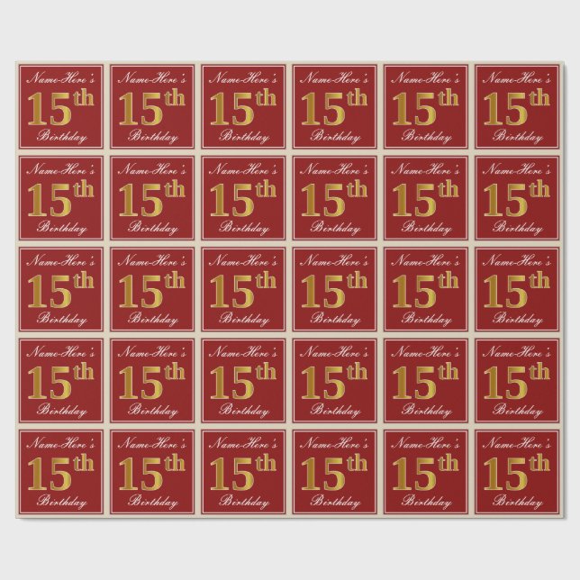Papier Cadeau Elégant, Rouge, Faux Gold 15e anniversaire; Nom pe (Plat)