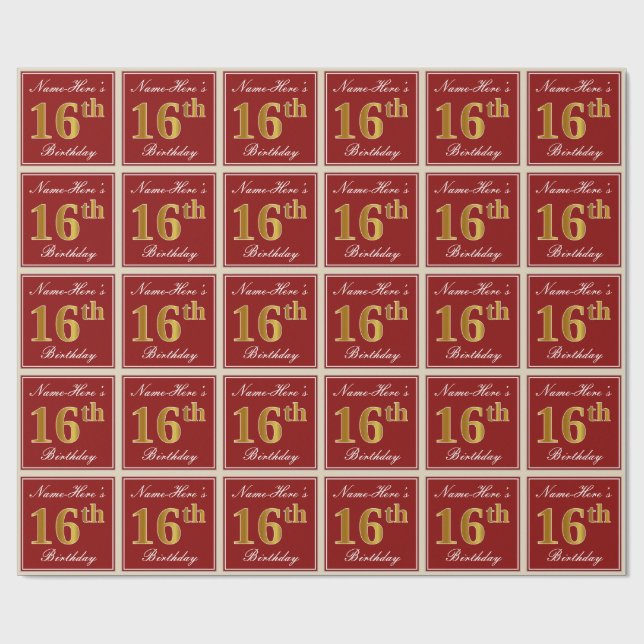 Papier Cadeau Elégant, Rouge, Faux Gold 16e anniversaire; Nom pe (Plat)