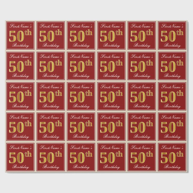 Papier Cadeau Elégant, Rouge, Faux Gold 50e Anniversaire; Nom pe (Plat)