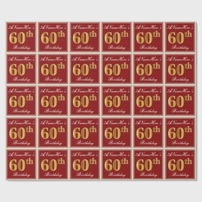 Papier Cadeau Elégant, Rouge, Faux Gold 60e anniversaire; Nom pe (Plat)