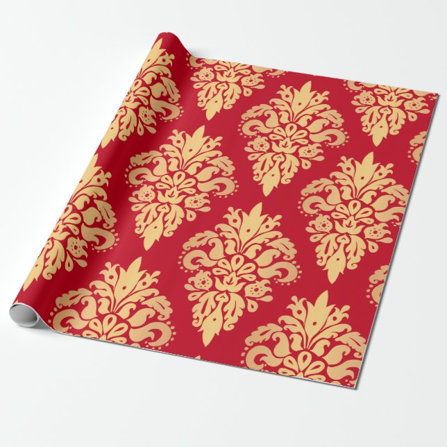 Papier Cadeau Élégant Rouge or classique Damas Motif de Noël (Déroulé)