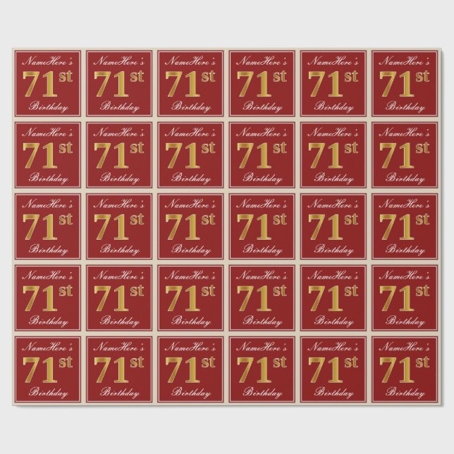 Papier Cadeau Elégant, Rouge, Or Faux 71e Anniversaire ; Nom Per (Plat)