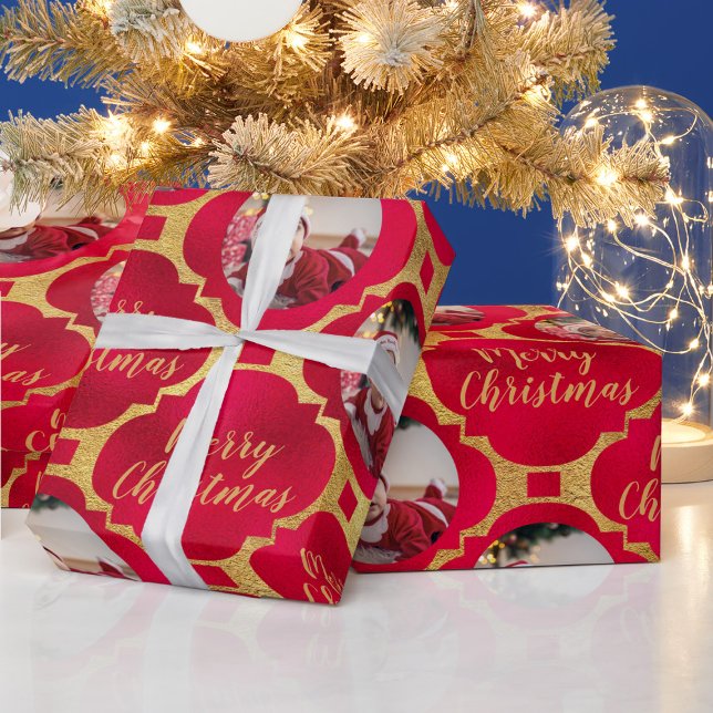 Papier Cadeau Elégant Rouge & Or Motif de Noël Baby Photo (Créateur téléchargé)