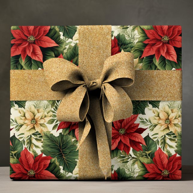 Papier Cadeau Élégant Rouge Poinsettia Floral Noël (Créateur téléchargé)