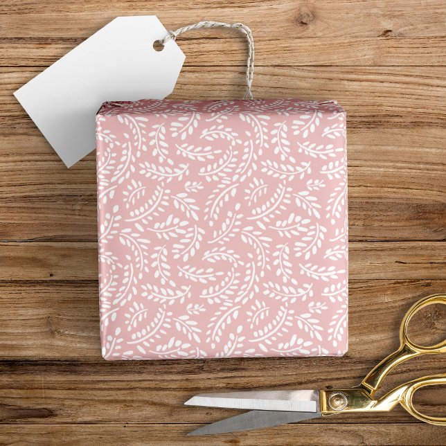 Papier Cadeau Élégant Rustique Feuilles Botaniques Rose Pâle (Créateur téléchargé)