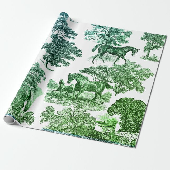 Papier Cadeau Elégant Rustique Horses Bleu Vert Toile (Déroulé)