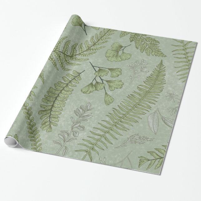 Papier Cadeau Elégant Sage Vert Aquarelle Floral (Déroulé)