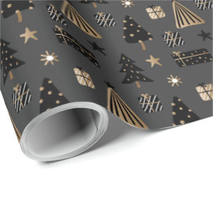 Papier Cadeau Élégant Scandi Christmas Gold & Black Wrapping Pap