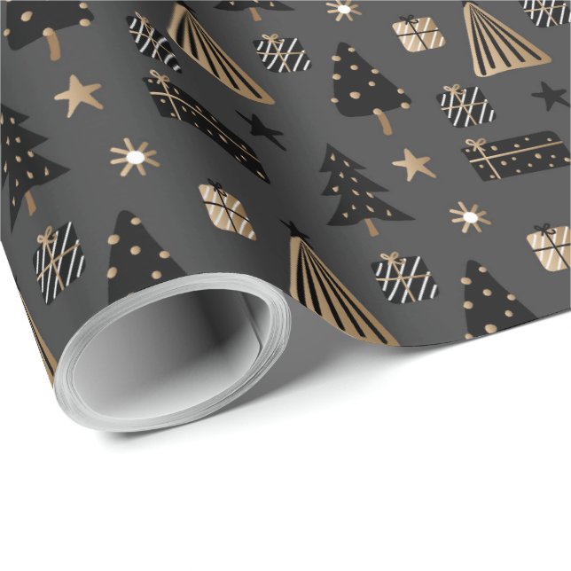 Papier Cadeau Élégant Scandi Christmas Gold & Black Wrapping Pap (Coin rond)