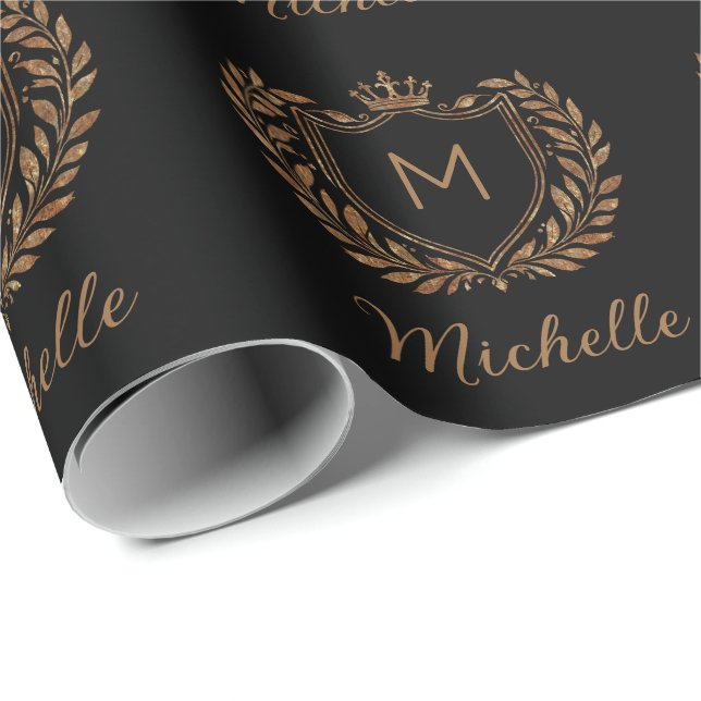Papier Cadeau Élégant script Monogram Custom Luxury Black Gold (Coin rond)