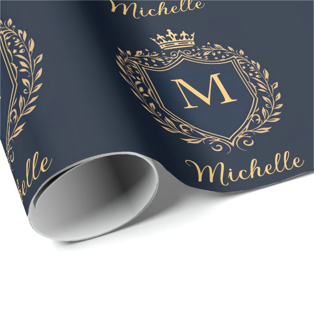 Papier Cadeau Élégant script Monogramme Luxe Noir Or   (Coin rond)