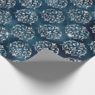Papier Cadeau Élégant Silver Blue Damask Noël