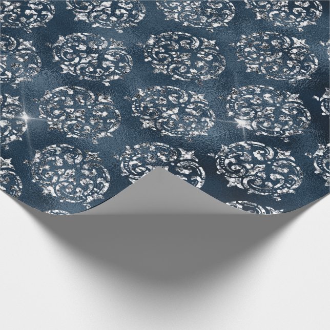 Papier Cadeau Élégant Silver Blue Damask Noël (Coin)
